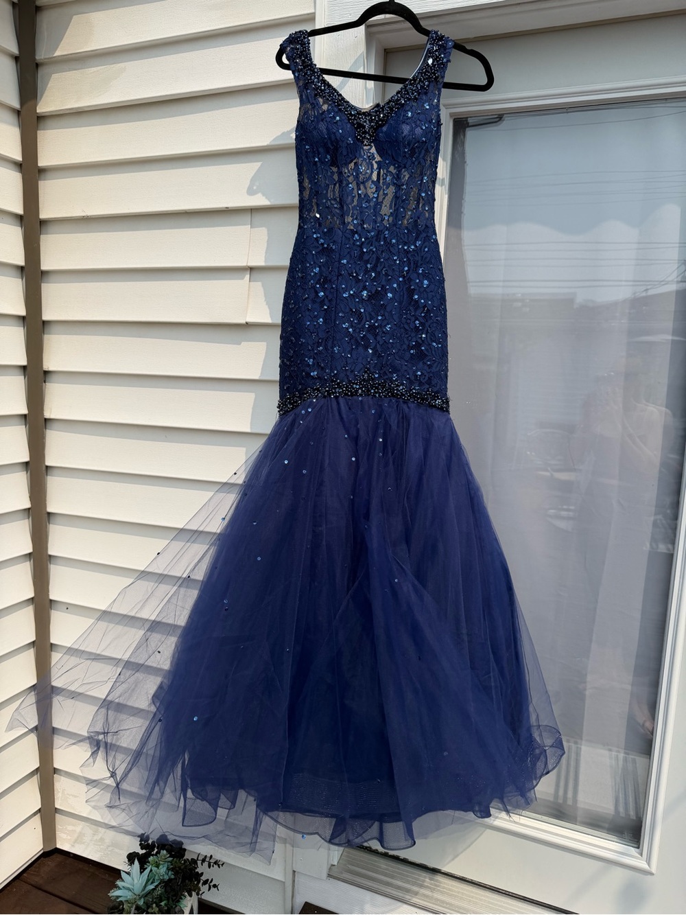 Sleeveless Navy Beaded Mermaid Prom Dress